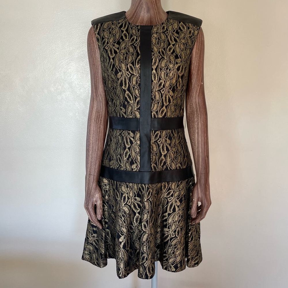 Nicole Miller Leather Trim Black Gold Brocade/Lace Fit Flare Dress -NWT- Size 6